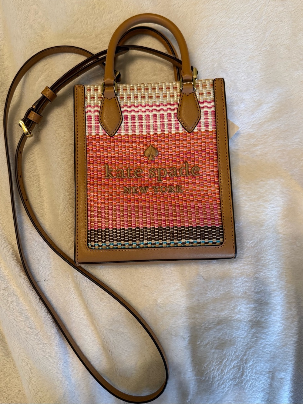 kate spade New York Ellie Pink & Tan Woven Mini Tote with Crossbody Strap